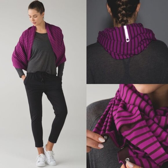 Lululemon Vinyasa Scarf Purple Stripe Bordeaux Snaps Cozy Yoga Winter Infinity - Picture 3 of 15